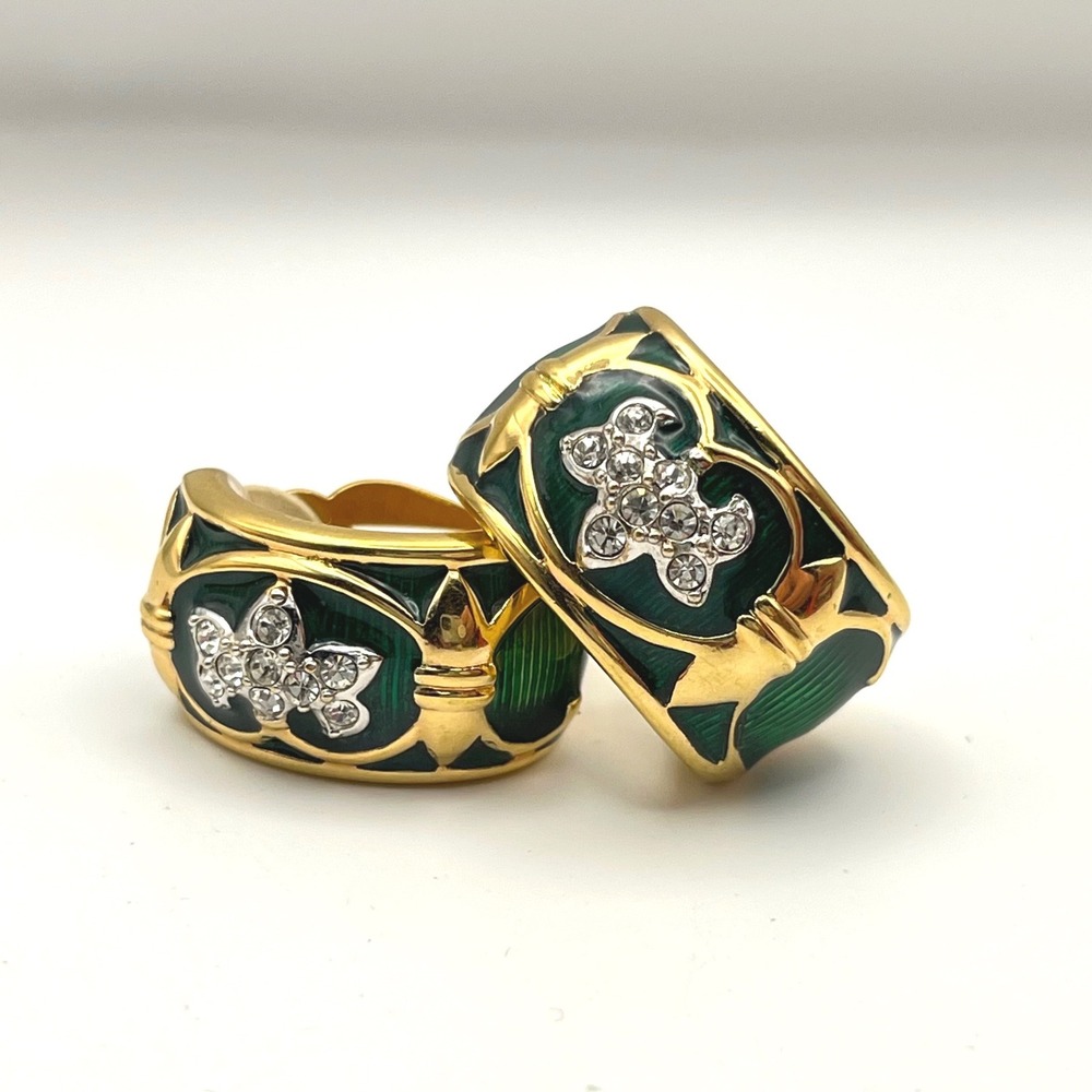 Vintage Swarovski Irish Green Enamel Fleur De Lis Crystal Clip On Earrings